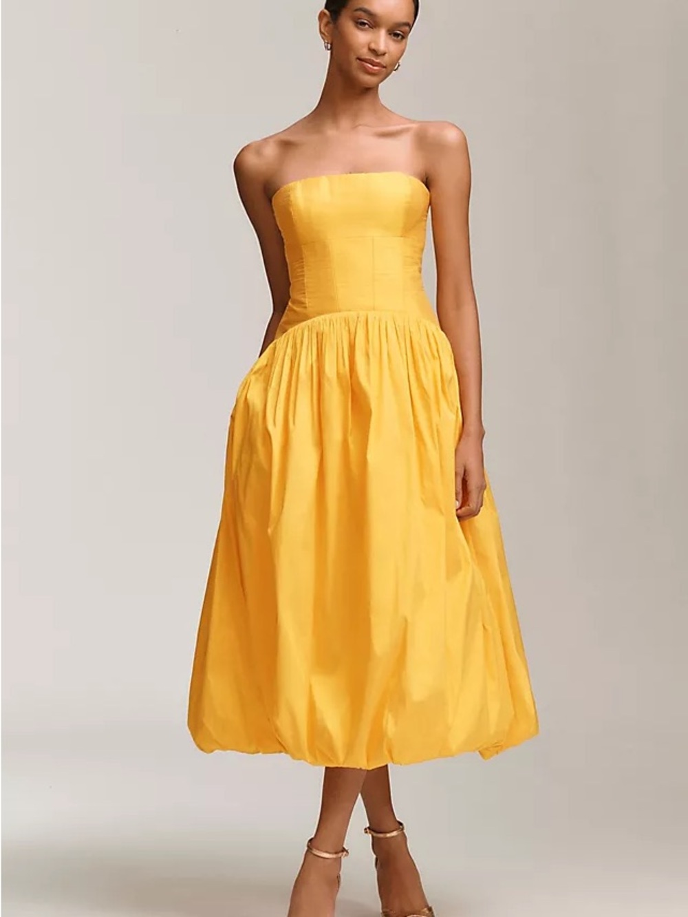 BHLDN Yellow Satin Strapless Drop Waist Gathered Corset Formal Midi Dress 6
